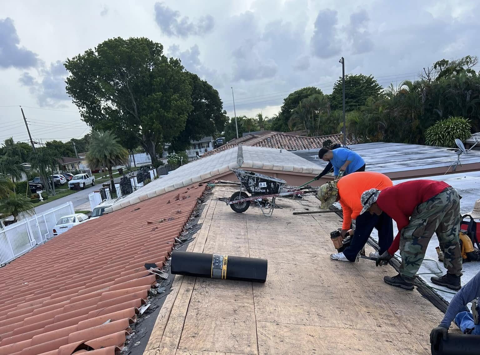 Tile roof tear-off and re-deck in progress